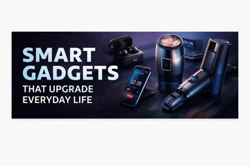 Smart gadgets improving everyday life including wireless earbuds, smart car cup holder, handheld vacuum cleaner, and modern lifestyle technology